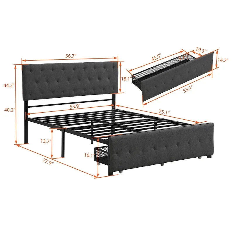 Linen Platform Bed – Gray / Beige, Metal Frame, 1 Large Pull-Out Drawer, Full / Queen, Sleeps 1