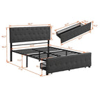 Linen Platform Bed – Gray / Beige, Metal Frame, 1 Large Pull-Out Drawer, Full / Queen, Sleeps 1