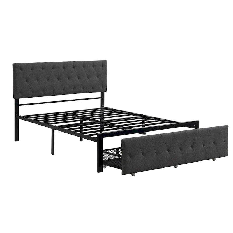 Linen Platform Bed – Gray / Beige, Metal Frame, 1 Large Pull-Out Drawer, Full / Queen, Sleeps 1