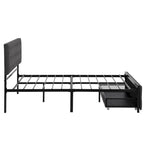 Linen Platform Bed – Gray / Beige, Metal Frame, 1 Large Pull-Out Drawer, Full / Queen, Sleeps 1