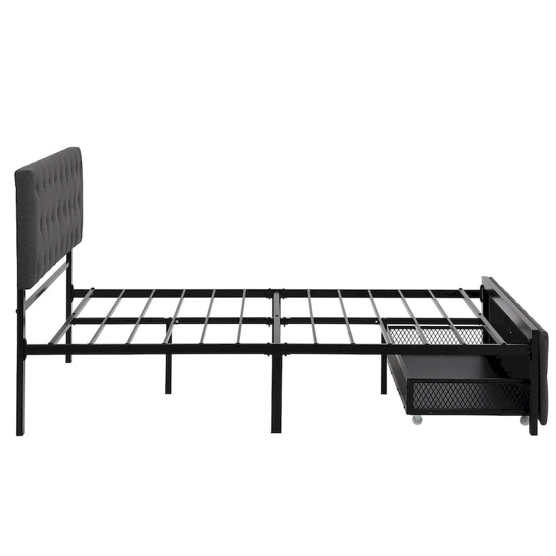 Linen Platform Bed – Gray / Beige, Metal Frame, 1 Large Pull-Out Drawer, Full / Queen, Sleeps 1