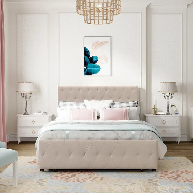 Linen Platform Bed – Gray / Beige, Metal Frame, 1 Large Pull-Out Drawer, Full / Queen, Sleeps 1