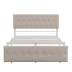 Linen Platform Bed – Gray / Beige, Metal Frame, 1 Large Pull-Out Drawer, Full / Queen, Sleeps 1