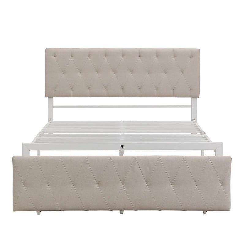 Linen Platform Bed – Gray / Beige, Metal Frame, 1 Large Pull-Out Drawer, Full / Queen, Sleeps 1