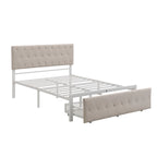 Linen Platform Bed – Gray / Beige, Metal Frame, 1 Large Pull-Out Drawer, Full / Queen, Sleeps 1