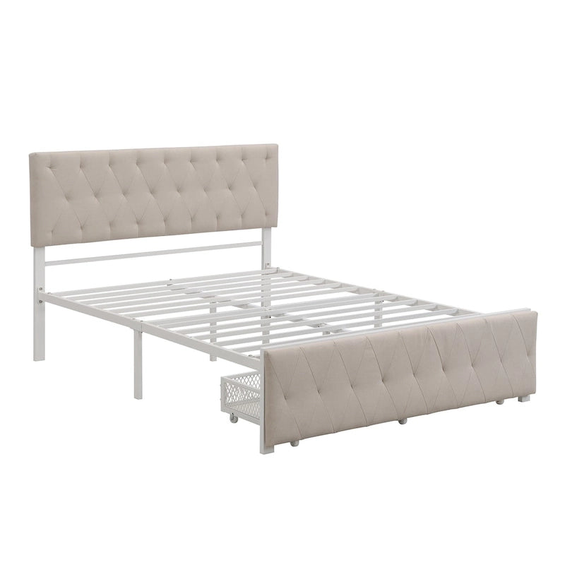 Linen Platform Bed – Gray / Beige, Metal Frame, 1 Large Pull-Out Drawer, Full / Queen, Sleeps 1