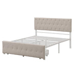 Linen Platform Bed – Gray / Beige, Metal Frame, 1 Large Pull-Out Drawer, Full / Queen, Sleeps 1