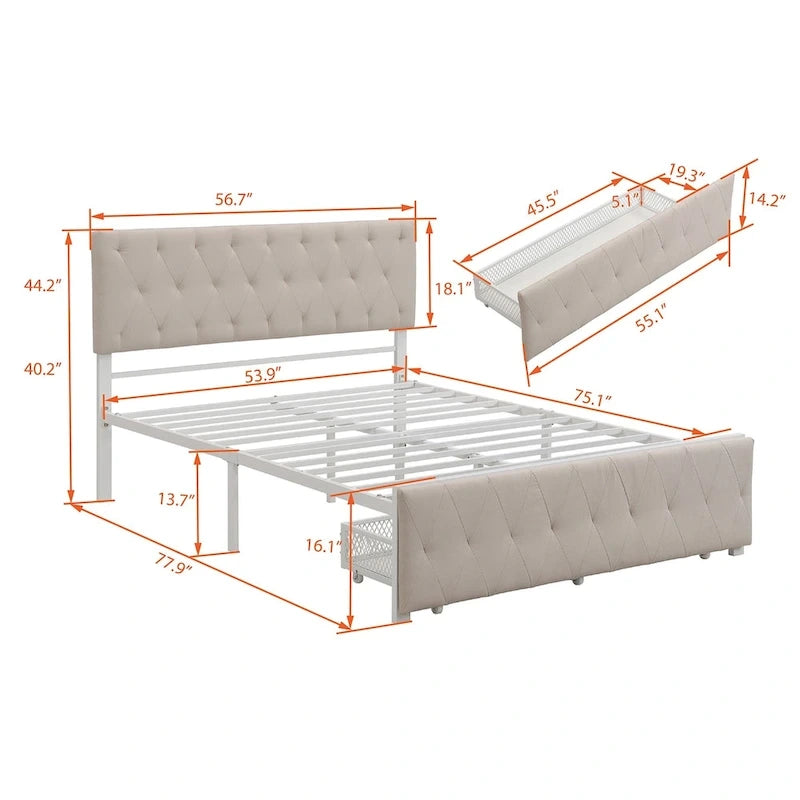 Linen Platform Bed – Gray / Beige, Metal Frame, 1 Large Pull-Out Drawer, Full / Queen, Sleeps 1