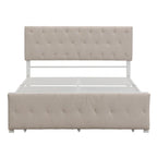 Linen Platform Bed – Gray / Beige, Metal Frame, 1 Large Pull-Out Drawer, Full / Queen, Sleeps 1