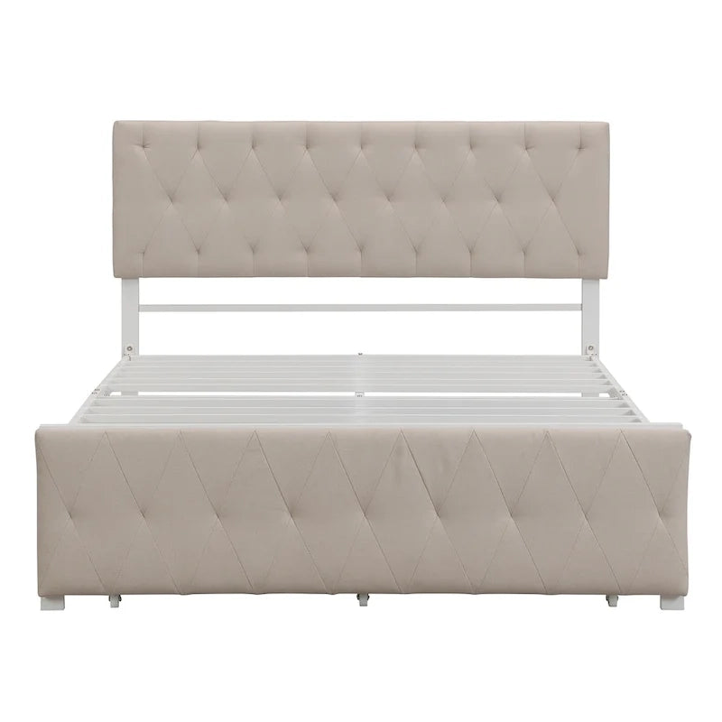 Linen Platform Bed – Gray / Beige, Metal Frame, 1 Large Pull-Out Drawer, Full / Queen, Sleeps 1