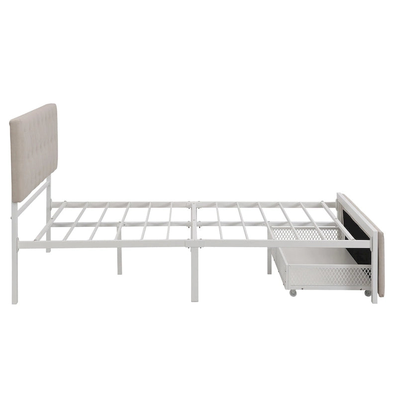 Linen Platform Bed – Gray / Beige, Metal Frame, 1 Large Pull-Out Drawer, Full / Queen, Sleeps 1