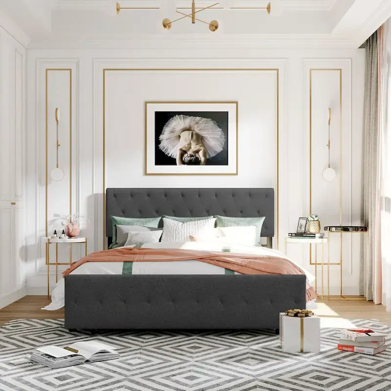 Linen Platform Bed – Gray / Beige, Metal Frame, 1 Large Pull-Out Drawer, Full / Queen, Sleeps 1