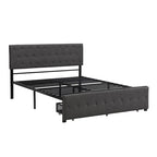 Linen Platform Bed – Gray / Beige, Metal Frame, 1 Large Pull-Out Drawer, Full / Queen, Sleeps 1
