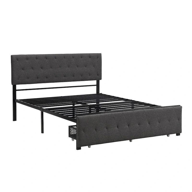 Linen Platform Bed – Gray / Beige, Metal Frame, 1 Large Pull-Out Drawer, Full / Queen, Sleeps 1