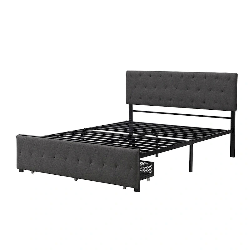 Linen Platform Bed – Gray / Beige, Metal Frame, 1 Large Pull-Out Drawer, Full / Queen, Sleeps 1