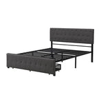 Linen Platform Bed – Gray / Beige, Metal Frame, 1 Large Pull-Out Drawer, Full / Queen, Sleeps 1