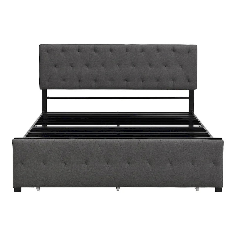 Linen Platform Bed – Gray / Beige, Metal Frame, 1 Large Pull-Out Drawer, Full / Queen, Sleeps 1