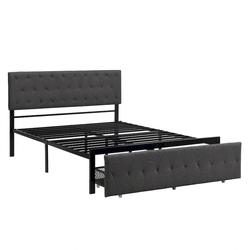 Linen Platform Bed – Gray / Beige, Metal Frame, 1 Large Pull-Out Drawer, Full / Queen, Sleeps 1