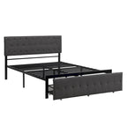 Linen Platform Bed – Gray / Beige, Metal Frame, 1 Large Pull-Out Drawer, Full / Queen, Sleeps 1