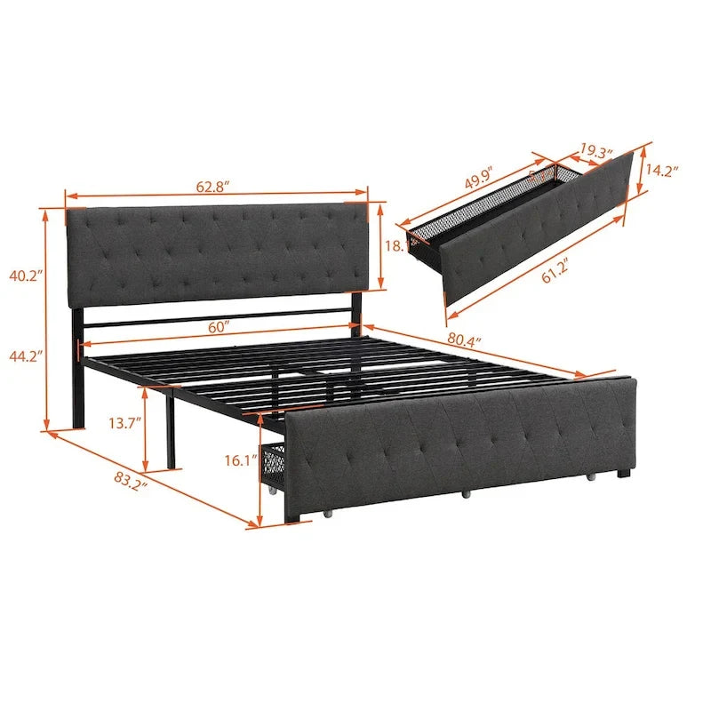Linen Platform Bed – Gray / Beige, Metal Frame, 1 Large Pull-Out Drawer, Full / Queen, Sleeps 1