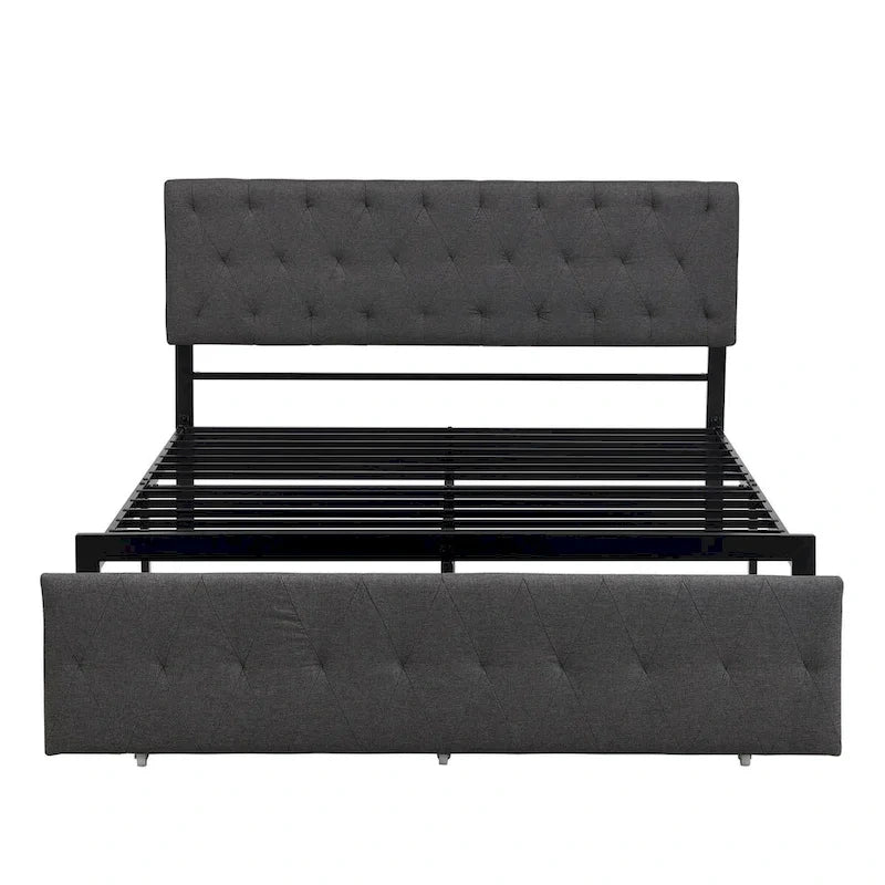 Linen Platform Bed – Gray / Beige, Metal Frame, 1 Large Pull-Out Drawer, Full / Queen, Sleeps 1