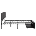 Linen Platform Bed – Gray / Beige, Metal Frame, 1 Large Pull-Out Drawer, Full / Queen, Sleeps 1