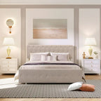 Linen Platform Bed – Gray / Beige, Metal Frame, 1 Large Pull-Out Drawer, Full / Queen, Sleeps 1