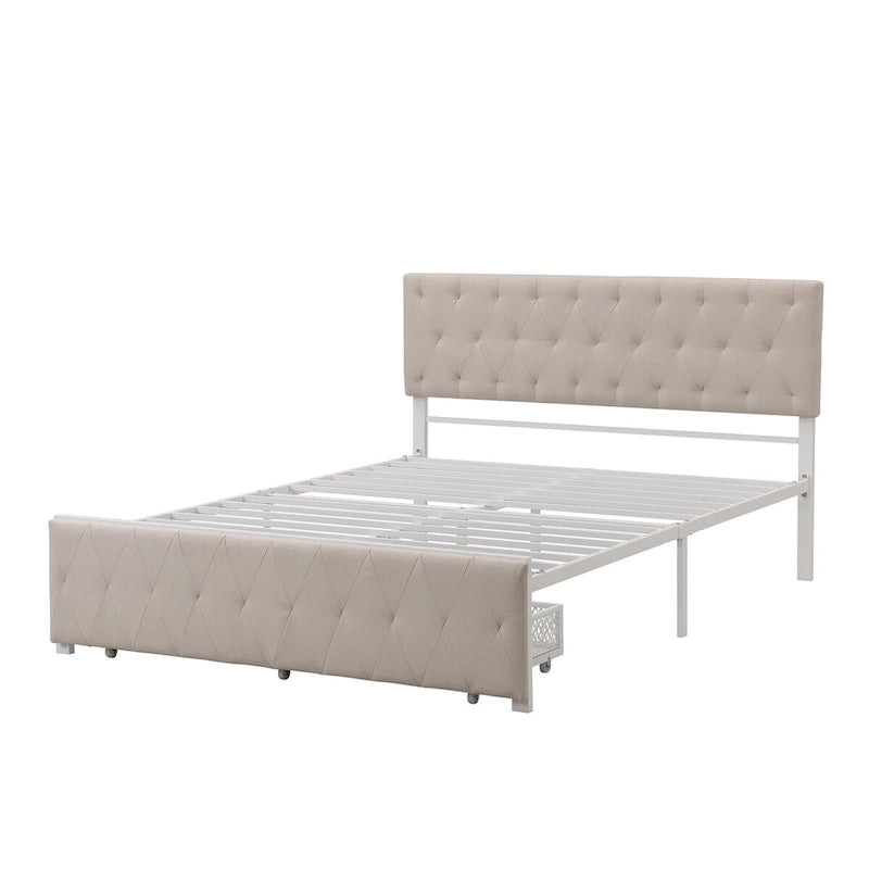 Linen Platform Bed – Gray / Beige, Metal Frame, 1 Large Pull-Out Drawer, Full / Queen, Sleeps 1