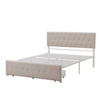 Linen Platform Bed – Gray / Beige, Metal Frame, 1 Large Pull-Out Drawer, Full / Queen, Sleeps 1