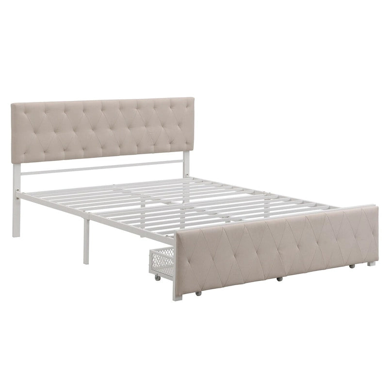 Linen Platform Bed – Gray / Beige, Metal Frame, 1 Large Pull-Out Drawer, Full / Queen, Sleeps 1