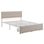 Linen Platform Bed – Gray / Beige, Metal Frame, 1 Large Pull-Out Drawer, Full / Queen, Sleeps 1