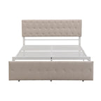 Linen Platform Bed – Gray / Beige, Metal Frame, 1 Large Pull-Out Drawer, Full / Queen, Sleeps 1