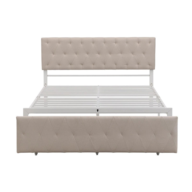 Linen Platform Bed – Gray / Beige, Metal Frame, 1 Large Pull-Out Drawer, Full / Queen, Sleeps 1