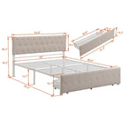 Linen Platform Bed – Gray / Beige, Metal Frame, 1 Large Pull-Out Drawer, Full / Queen, Sleeps 1