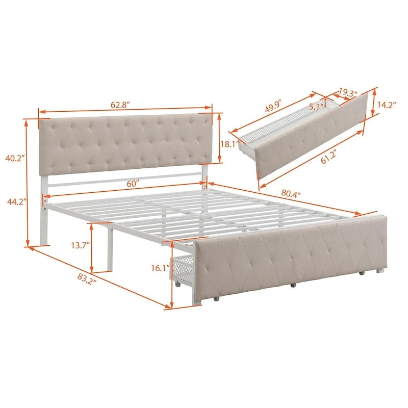 Linen Platform Bed – Gray / Beige, Metal Frame, 1 Large Pull-Out Drawer, Full / Queen, Sleeps 1