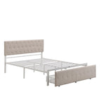 Linen Platform Bed – Gray / Beige, Metal Frame, 1 Large Pull-Out Drawer, Full / Queen, Sleeps 1
