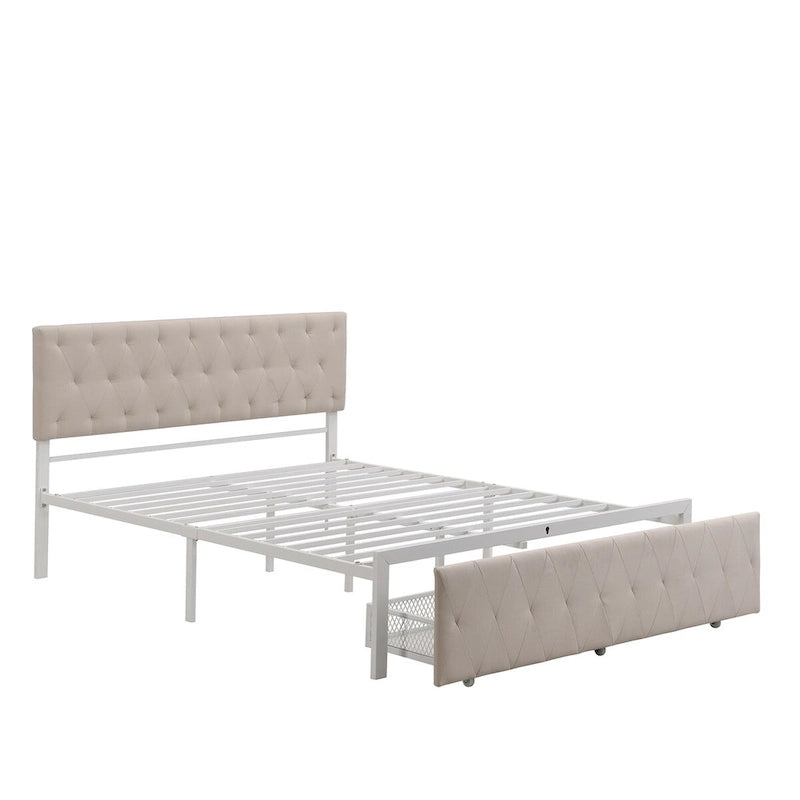 Linen Platform Bed – Gray / Beige, Metal Frame, 1 Large Pull-Out Drawer, Full / Queen, Sleeps 1