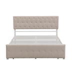 Linen Platform Bed – Gray / Beige, Metal Frame, 1 Large Pull-Out Drawer, Full / Queen, Sleeps 1