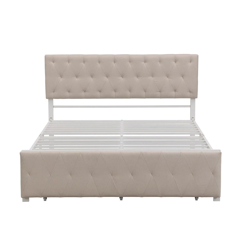 Linen Platform Bed – Gray / Beige, Metal Frame, 1 Large Pull-Out Drawer, Full / Queen, Sleeps 1
