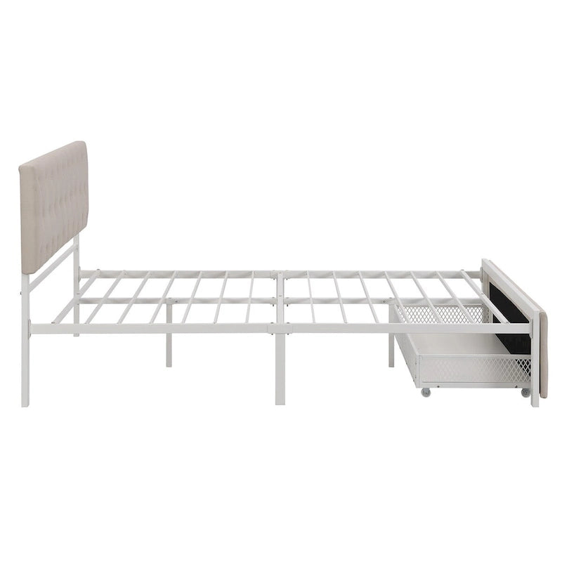 Linen Platform Bed – Gray / Beige, Metal Frame, 1 Large Pull-Out Drawer, Full / Queen, Sleeps 1