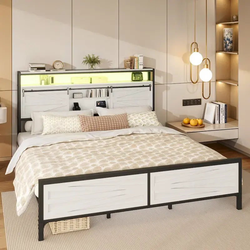 King Metal Platform Bed Frame – White, LED Lights, Headboard Storage, USB & Outlet Charging, Sleeps 1