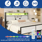 King Metal Platform Bed Frame – White, LED Lights, Headboard Storage, USB & Outlet Charging, Sleeps 1