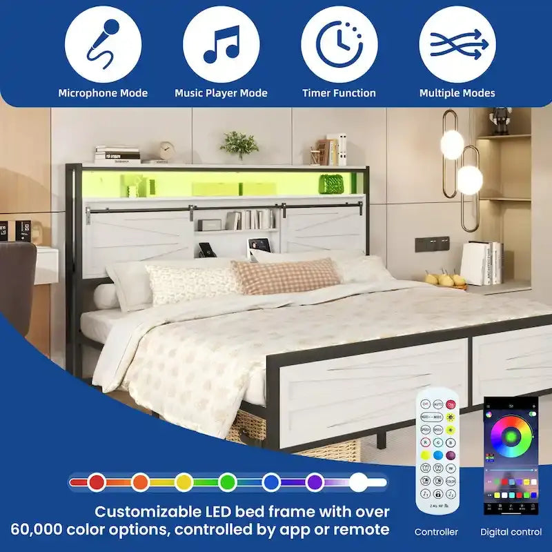 King Metal Platform Bed Frame – White, LED Lights, Headboard Storage, USB & Outlet Charging, Sleeps 1