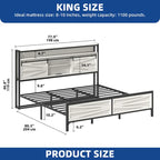 King Metal Platform Bed Frame – White, LED Lights, Headboard Storage, USB & Outlet Charging, Sleeps 1