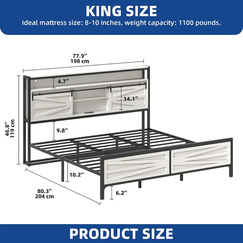King Metal Platform Bed Frame – White, LED Lights, Headboard Storage, USB & Outlet Charging, Sleeps 1