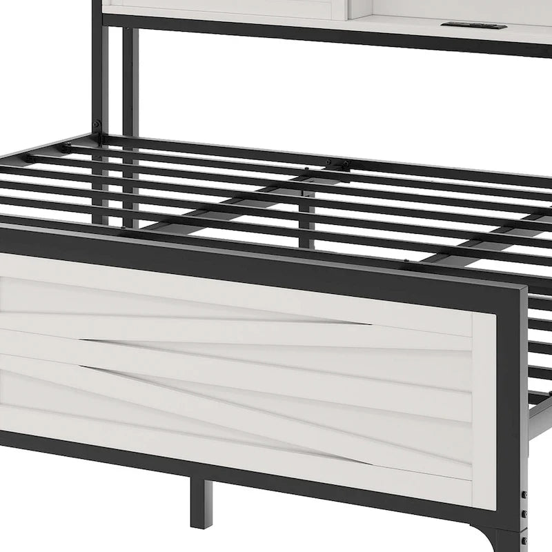 King Metal Platform Bed Frame – White, LED Lights, Headboard Storage, USB & Outlet Charging, Sleeps 1