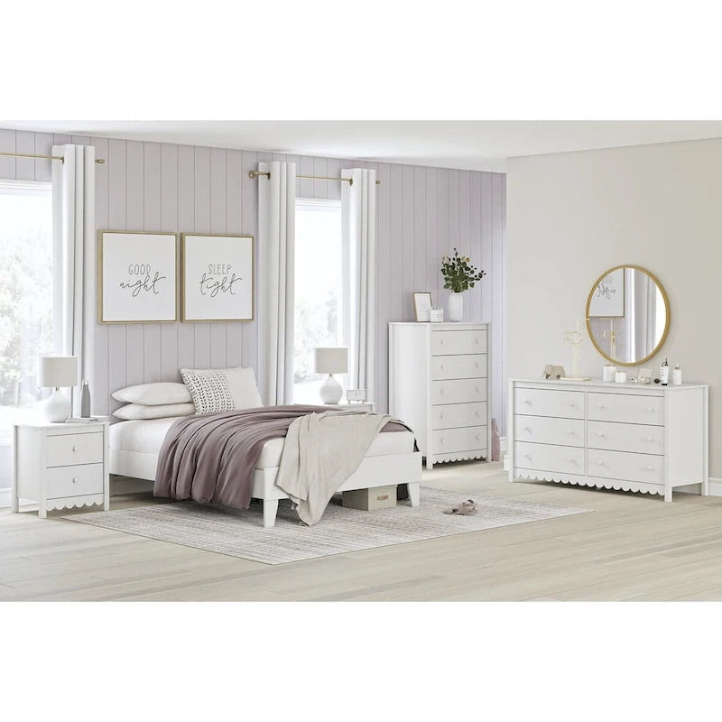 Full Platform Bed Frame – White, Scalloped Design, Low Profile, Coastal Farmhouse Style, Sleeps 1