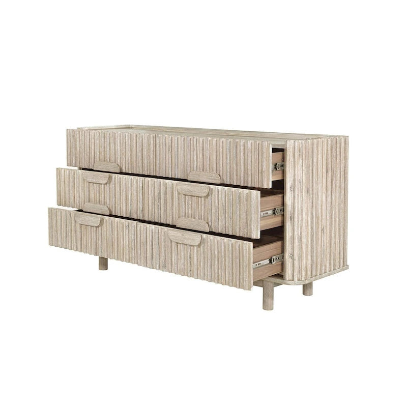 6-Drawer Dresser – Beige, Solid Acacia Wood, Velvet-Lined Top Drawers, Metal Glides