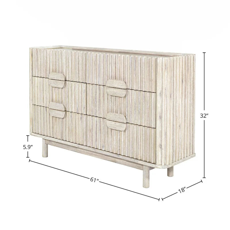 6-Drawer Dresser – Beige, Solid Acacia Wood, Velvet-Lined Top Drawers, Metal Glides