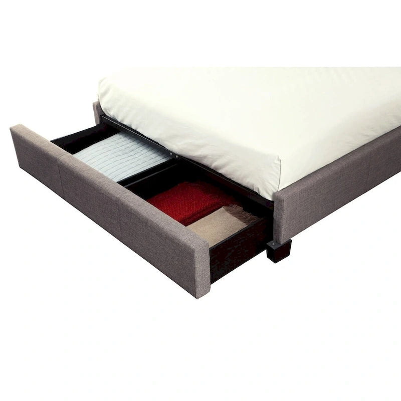 Queen Platform Bed – Grey, Tufted Linen, Low Profile, 2 Footboard Storage Drawers, Sleeps 1